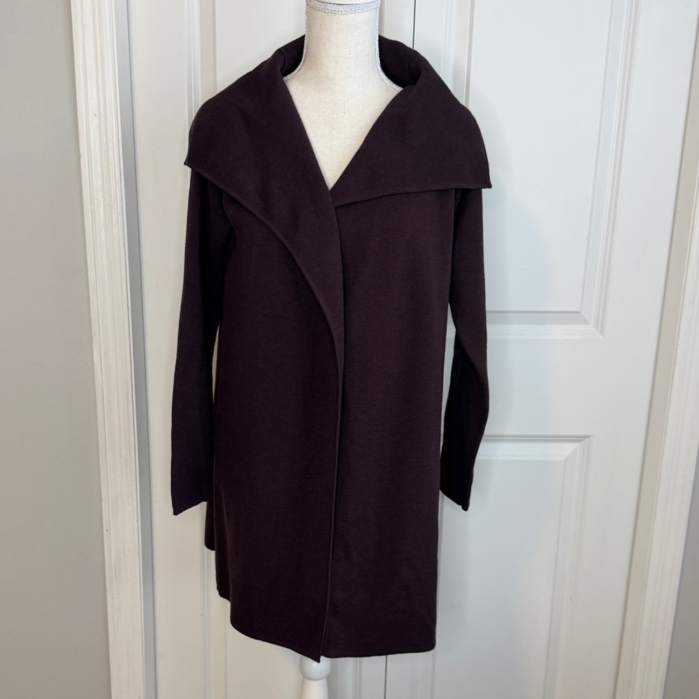 Eileen Fisher Dark Purple Wool Open Wrap Long Sweater Coat Petite Small Fall